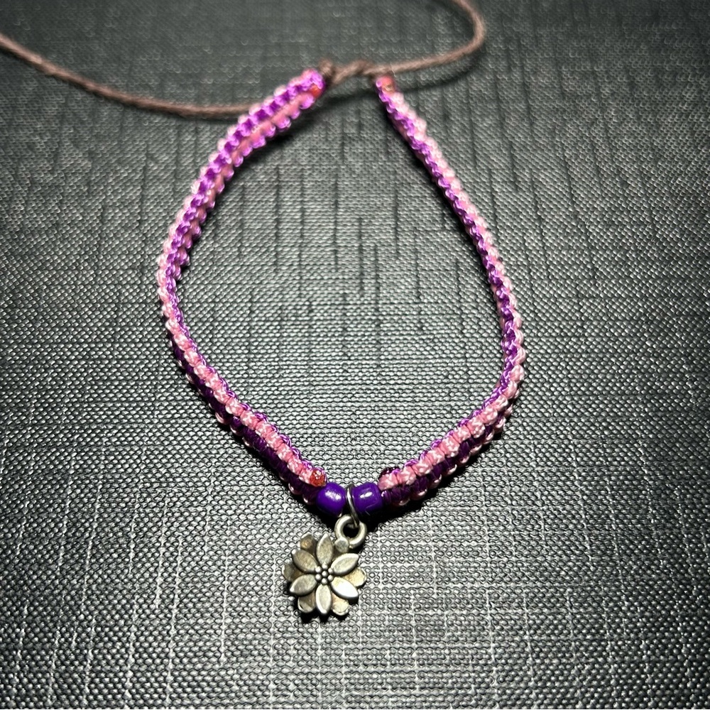 Hand Crafted Pink and Purple Square Knot Bracelet with Silver Flower Charm
